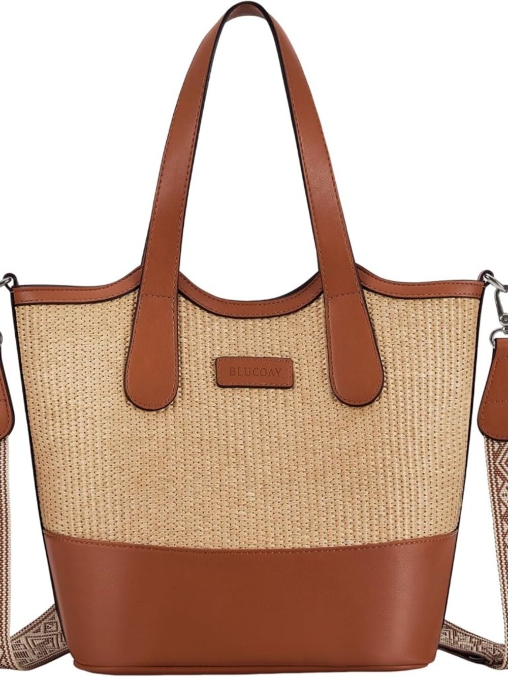 Tote Bag for Women,Straw&Vegan Leather Bucket Bags Crossbody Top Handle Purses A